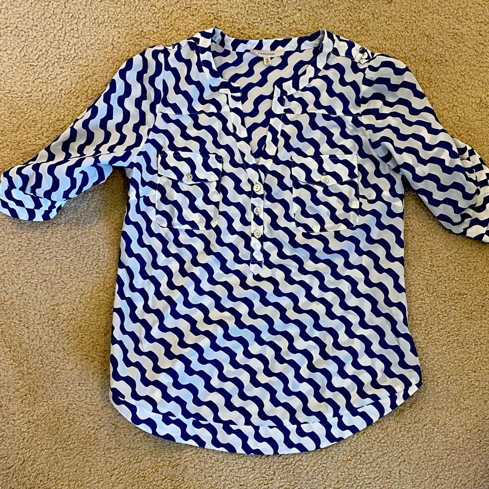 Blue and white print blouse